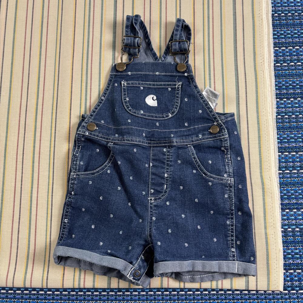 Carhartt Shortalls Baby Girls 18M Blue Denim Polka Dot Overall One Piece Snap EC